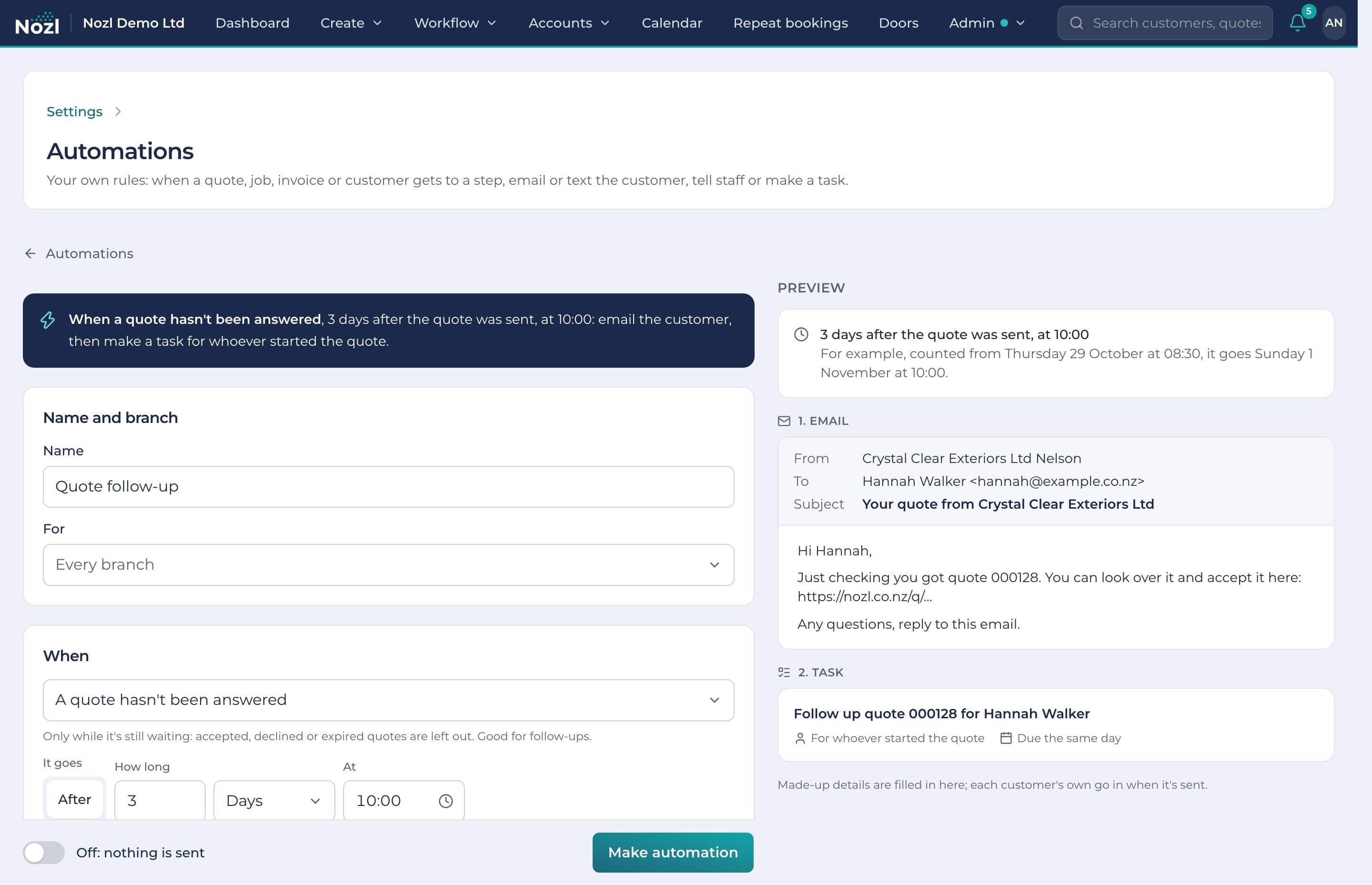 Making an automation: a quote follow-up after three days, with a preview of the email and task