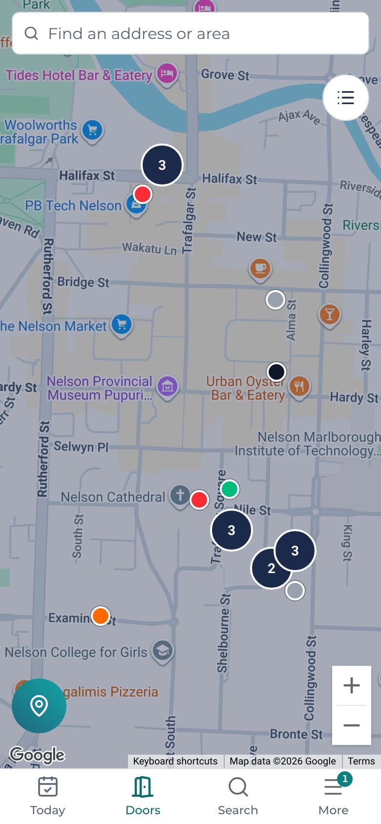 Door knocking on a phone: pins on a map of central Nelson