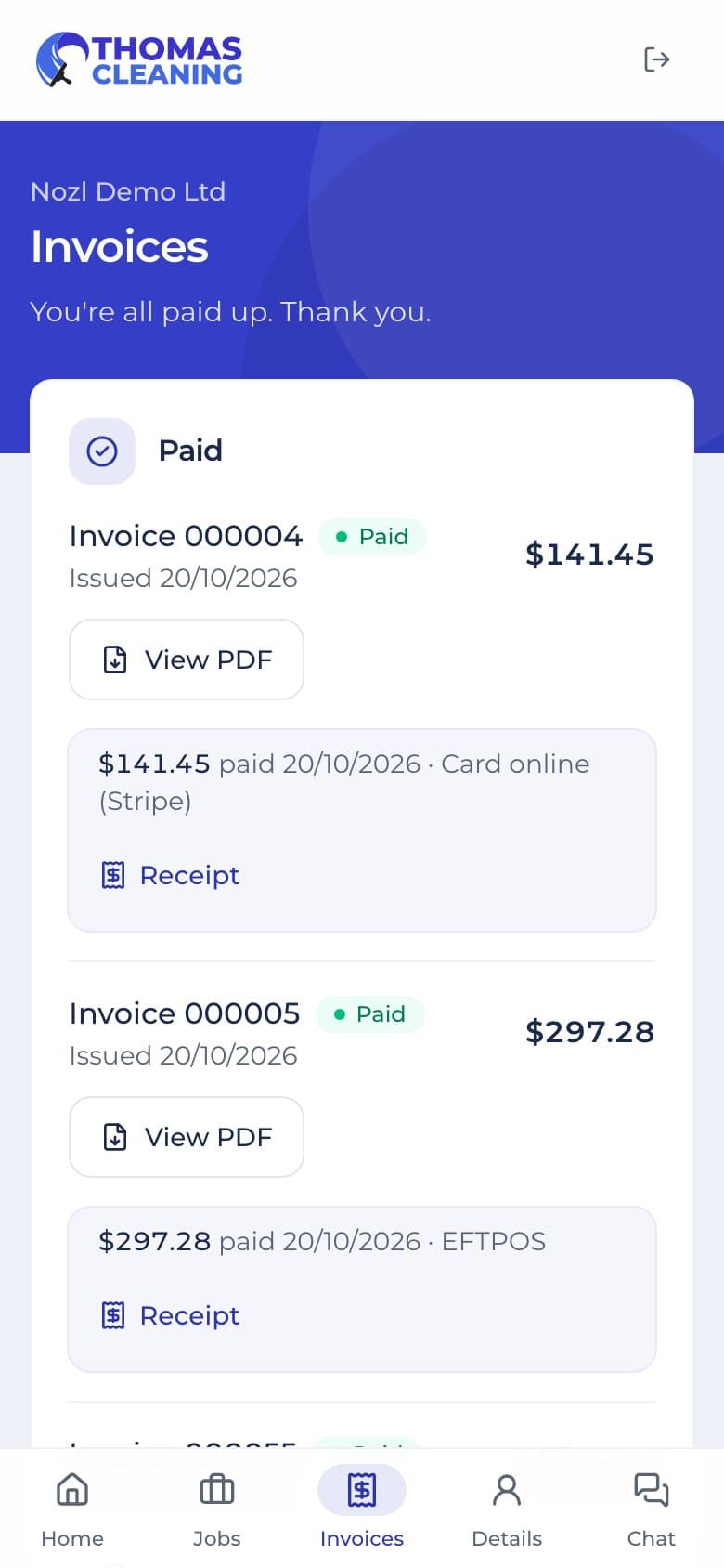 The customer portal on a phone in the business's own colours: invoices paid, with receipts and PDFs